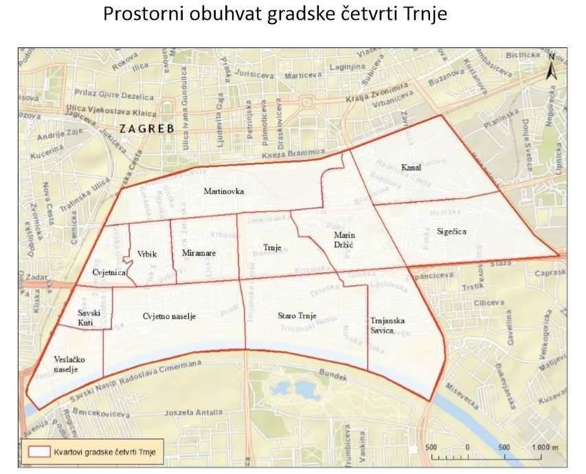 Mapa, prostorni obuhvat gadske četvrti Trnje 1999. godine